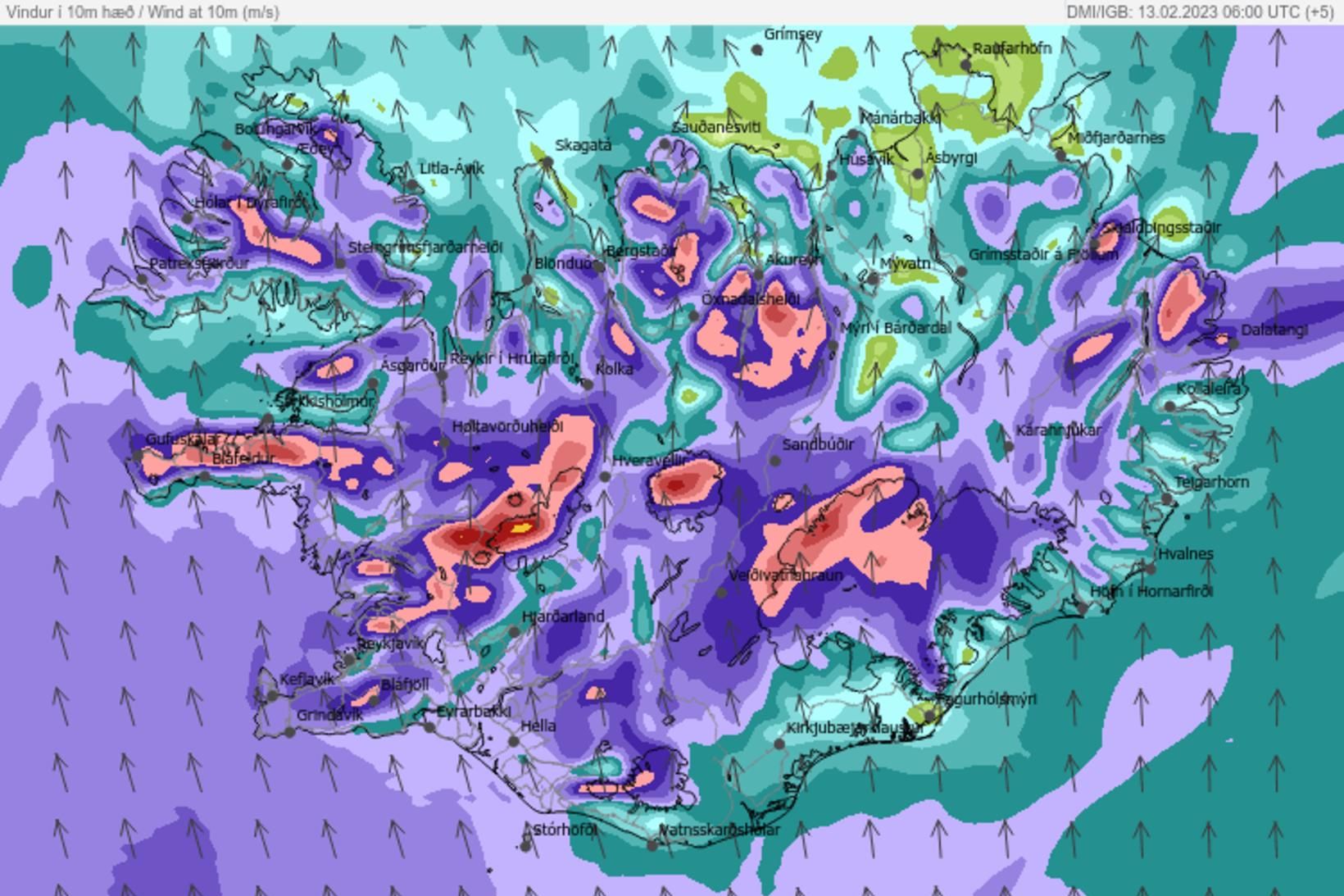 Vindaspáin á landinu kl. 12 í dag.