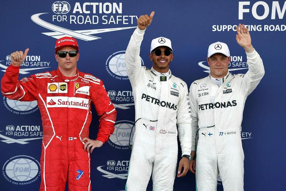 Fyrstu þrír í tímatökunni í Baku (f.v.), Kimi Räikkönen, Lewis Hamillton og Valtteri Bottas.