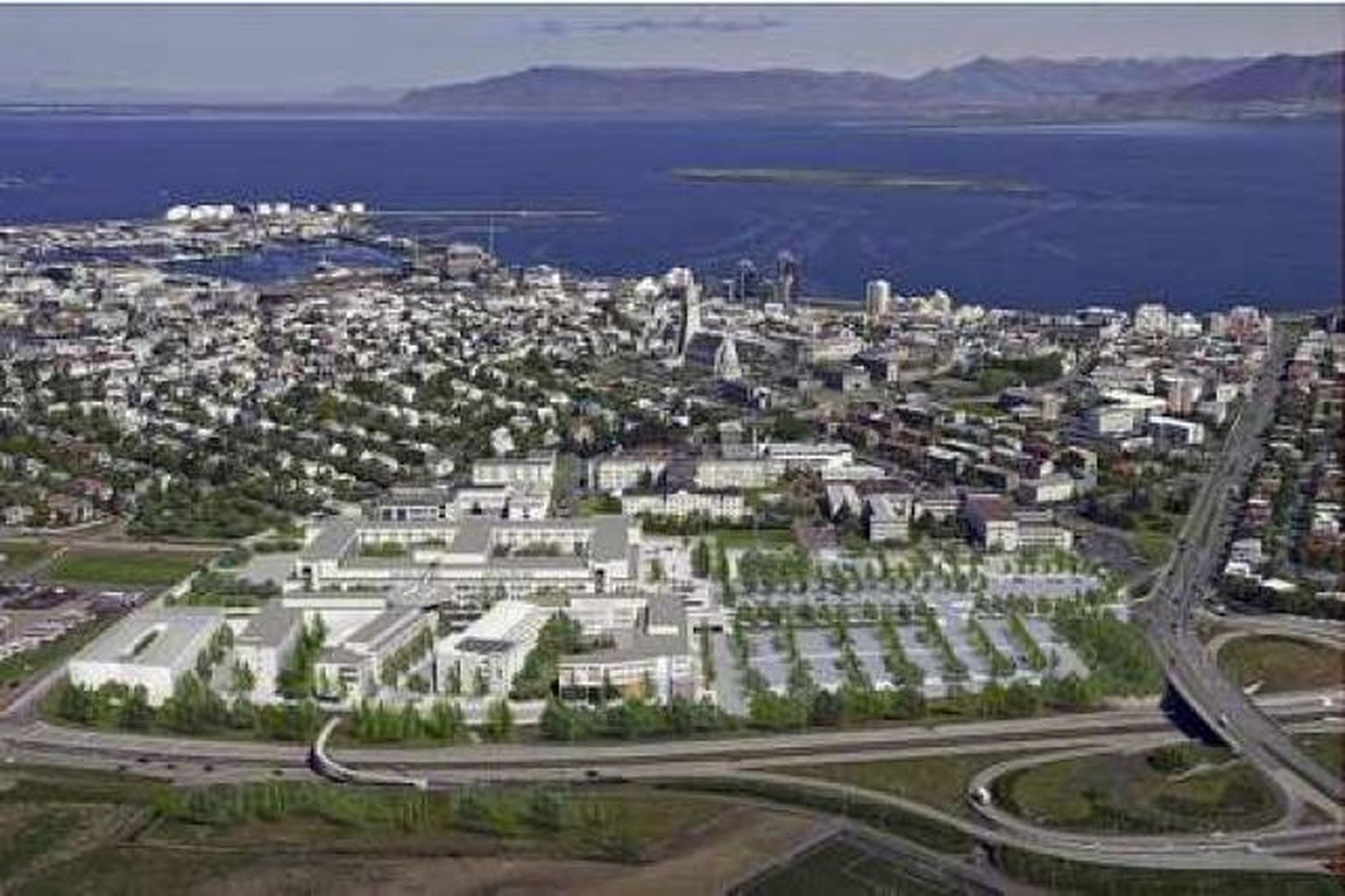 Loftmynd af sigurtillögu SPITAL- hópsins að hönnun nýs Landspítala. Búist …