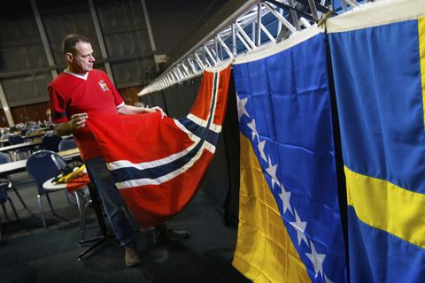 Laugardalshöll being decked out for the event.