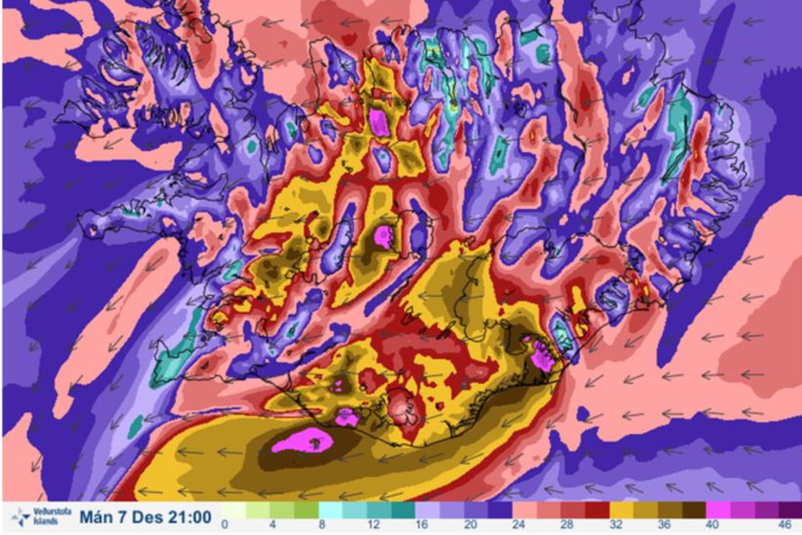 Spá fyrir meðalvindhraða kl. 21 mánudaginn 7. desember. Rauðir, gulbrúnir …