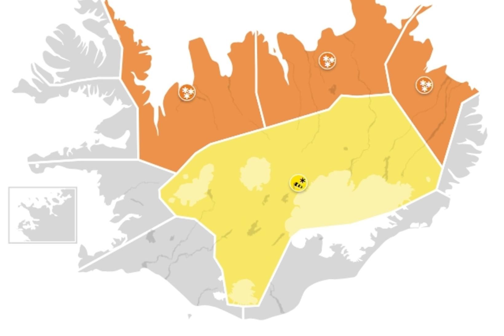 Það eru appelsínugul viðvörun vegna veðurs á Norðurlandi eystra, Austurland …