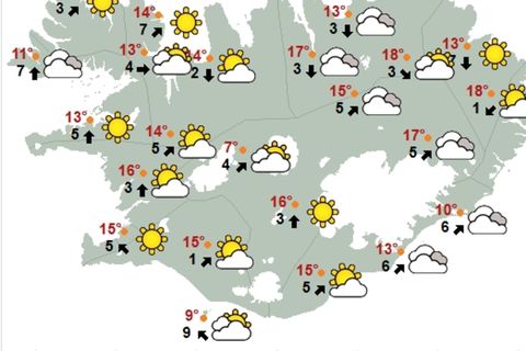 Kort Veðurstofu Íslands klukkan 16 í dag.