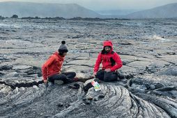 Franskir ferðamenn sitja á glænýju hrauni í Geldingadal og grilla sykurpúða.