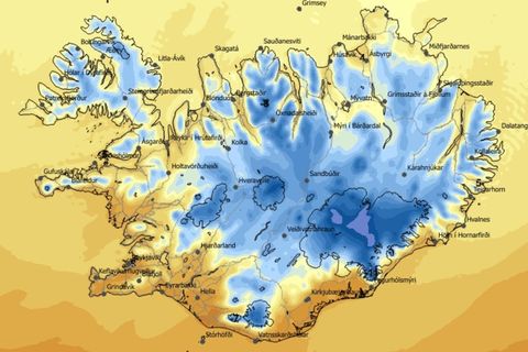 Hitaspá á landinu klukkan 12 á hádegi.