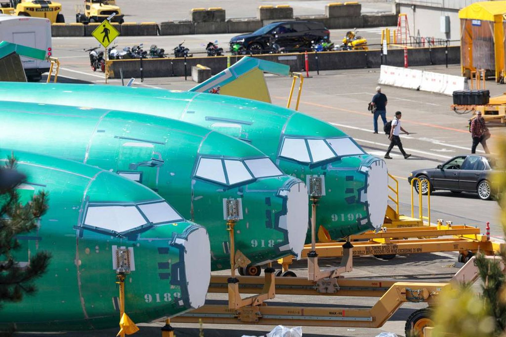 Nokkrir skrokkar fyrir Boeing 737 í framleiðslu í Renton.
