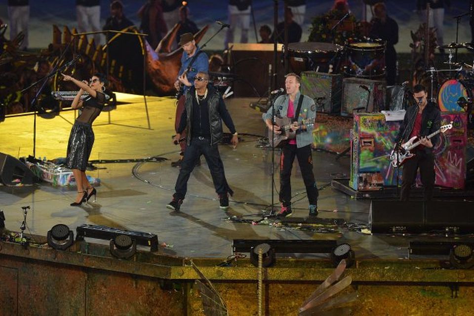 Jay-Z, Rihanna og þeir félagar í Coldplay, Chris Martin, Jon Buckland og Guy Berryman