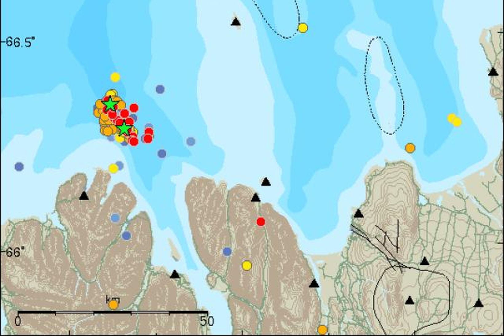 Stjarnan sýnir hvar stærsti skjálftinn varð í morgun. Myndin er …