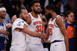 Jalen Brunson, Karl-Anthony Towns og Mikal Bridges eru komnir í úrslit Austurdeildarinnar með New York …
