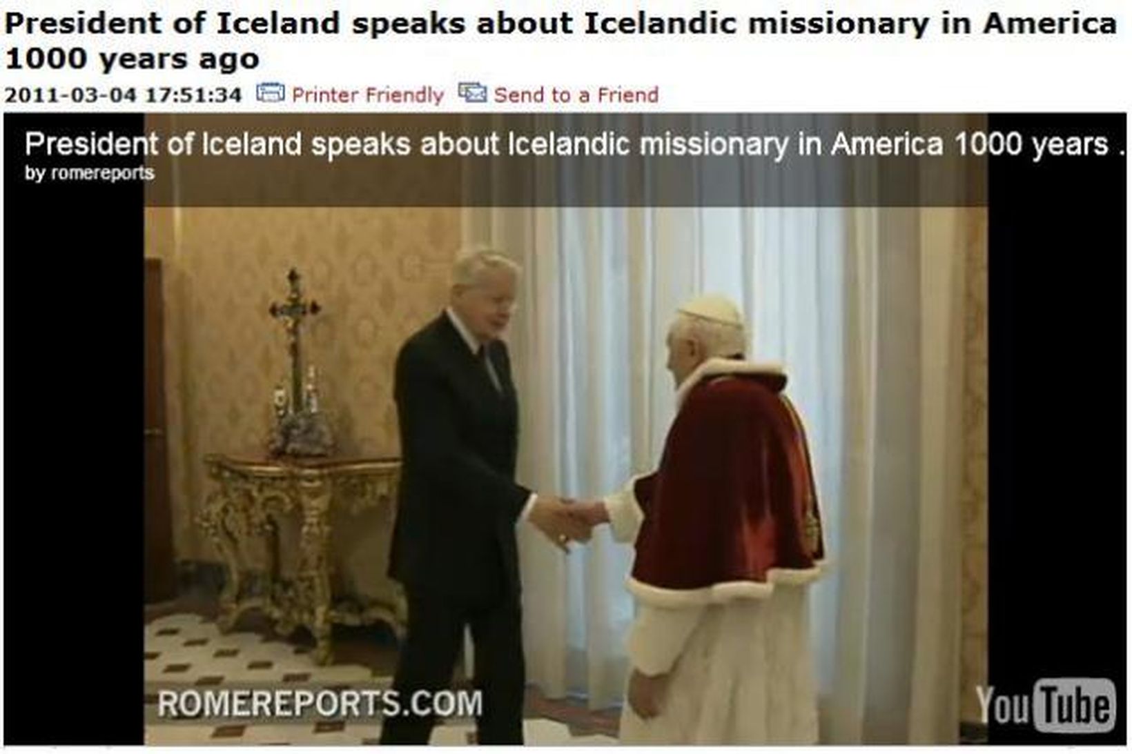 Forseti Íslands, herra Ólafur Ragnar Grímsson, heilsar Benedikt XVI. páfa.