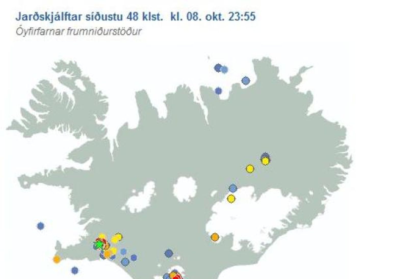 Kort sem sýnir skjálftavirkni undanfarnar klukkustundir.