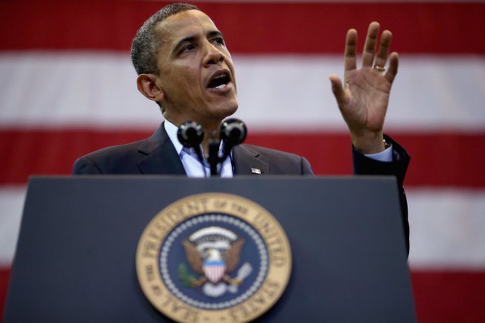 Barack Obama, forseti Bandaríkjanna, á kosningafundi í borginni Cincinnati í Ohio ríki.