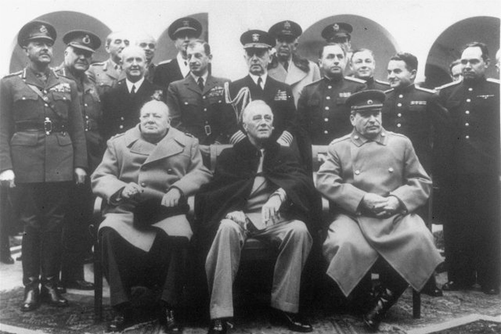 Winston Churchill forsætisráðherra bretlands, Franklin Bandaríkjaforseti og Jósef Stalín, leiðtogi …