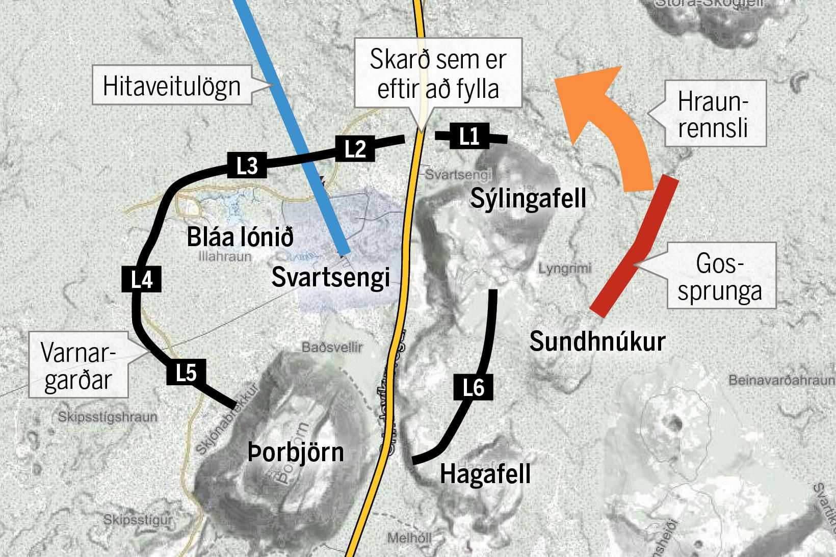 Gert er ráð fyrir að hraunið renni norður fyrir Sýlingafell …