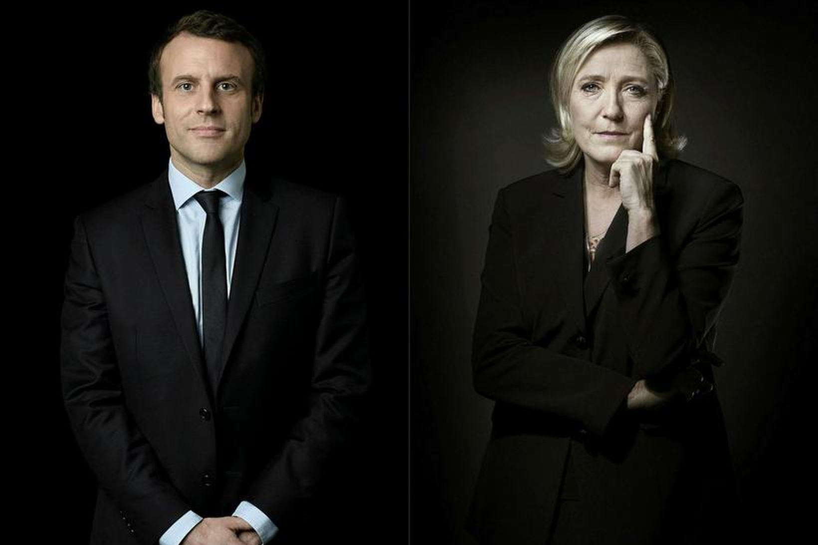 Samsett mynd sem sýnir þau Emmanuel Macron Marine Le Pen …