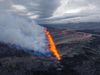 View of the fissure from the south. The northwestern part of Mt Fagradalsfjall is visible on the right side of the image, while the eruption plume drifts northwest. The eruption on July 16 is located southeast of Litla-Skógfell.