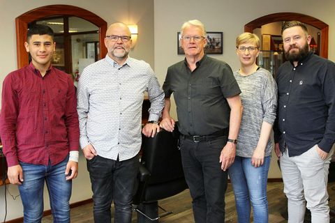 The barber shop staff, from left to right: Mohammad Alibo, Kjartan Björnsson, Björn Ingi Gíslason, Guðrún Þórhallsdóttir and Björn Daði Björnsson.