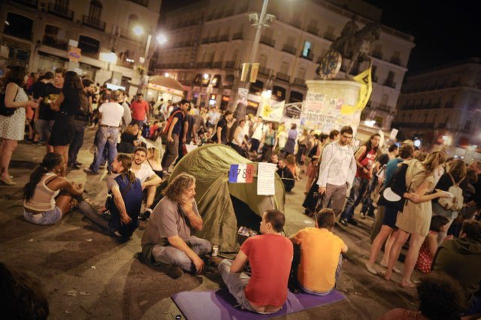 Frá Puerta del Sol torginu í Madríd á Spáni í gær.