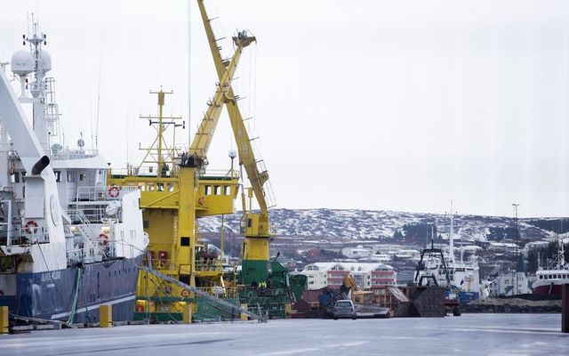 Skipið Just Mariiam sést hér í Hafnarfjarðarhöfn, gult og grænt að lit.