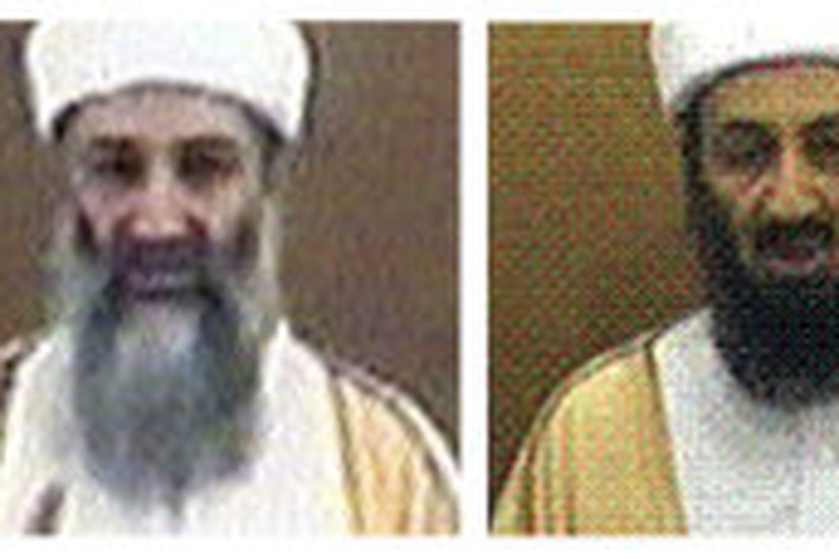 Til vinstri er Osama bin Laden á myndbandi sem sýnt …