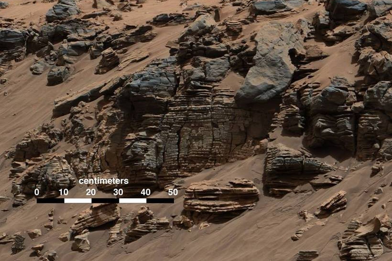 Setlög sem Curiosity myndaði á Mars 7. ágúst 2014.