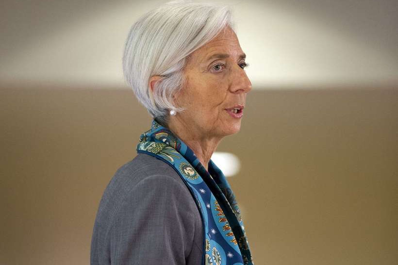 Christine Lagarde, framkvæmdastóri Alþjóðagjaldeyrissjóðsins, á blaðamannafundinum í morgun.