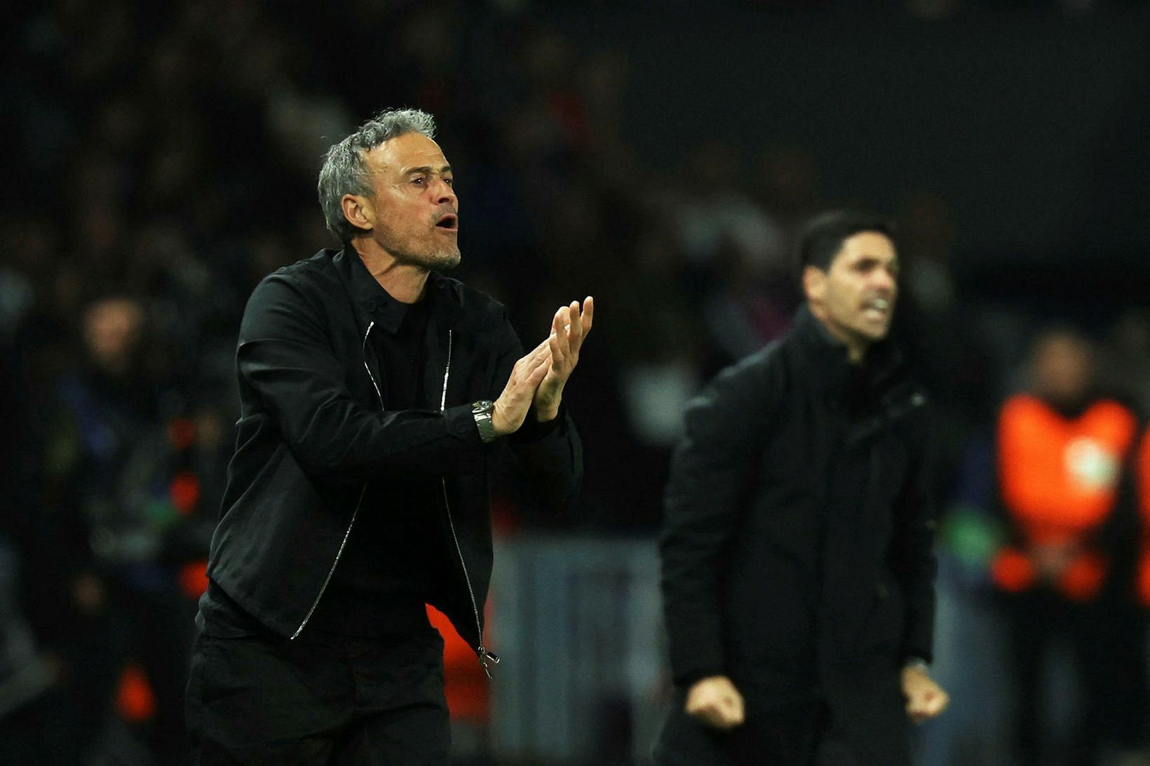 Luis Enrique og Mikel Arteta á hliðarlínunni í gærkvöldi.