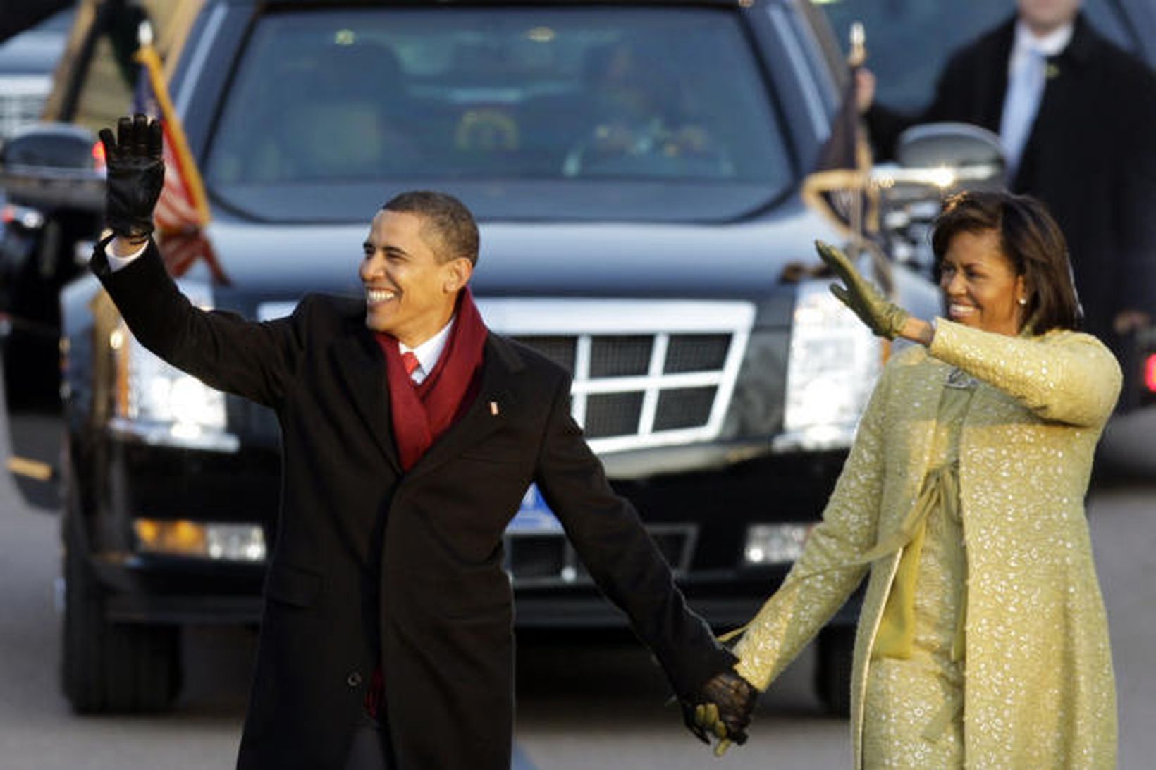 Barack og Michelle Obama koma til embættistökunnar í gær
