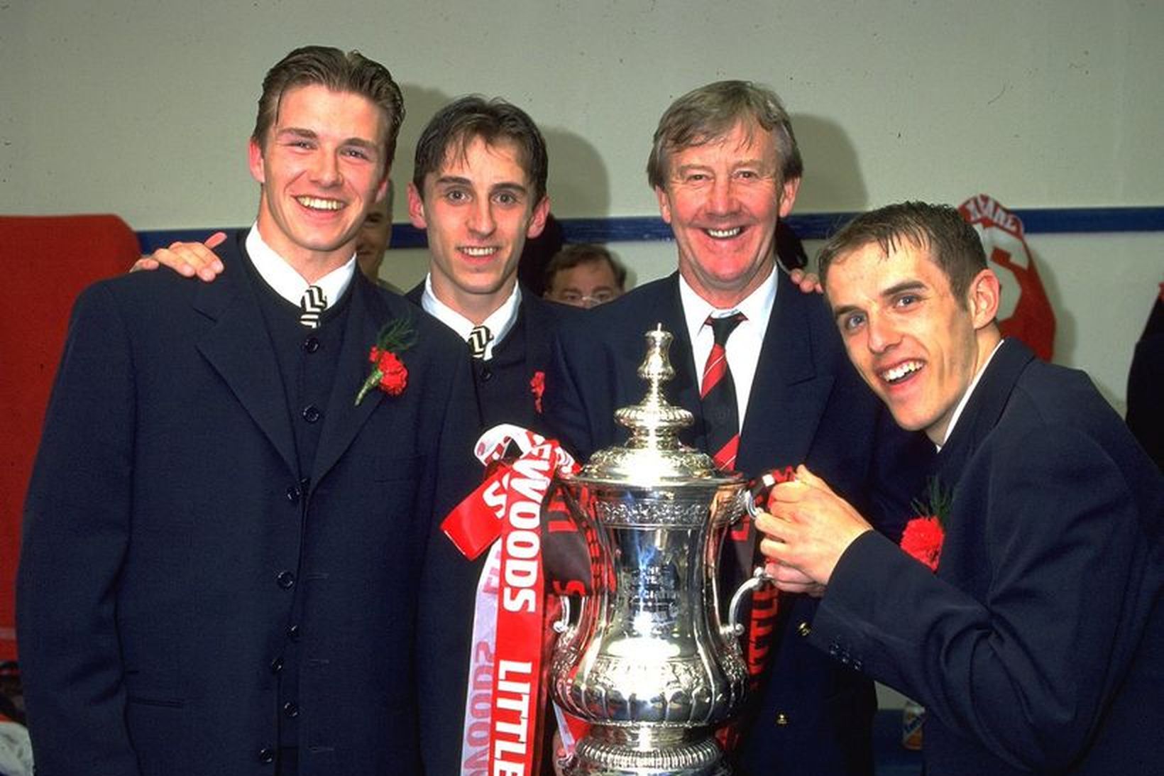 Eric Harrison með David Beckham, Gary Neville og Phil Neville.