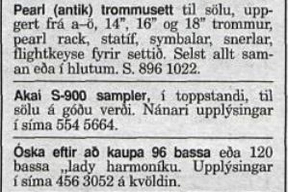 Sampler og digital upptökutæki auglýst í smáauglýsingum DV þar sem hljóðfæri gengu kaupum og sölu.