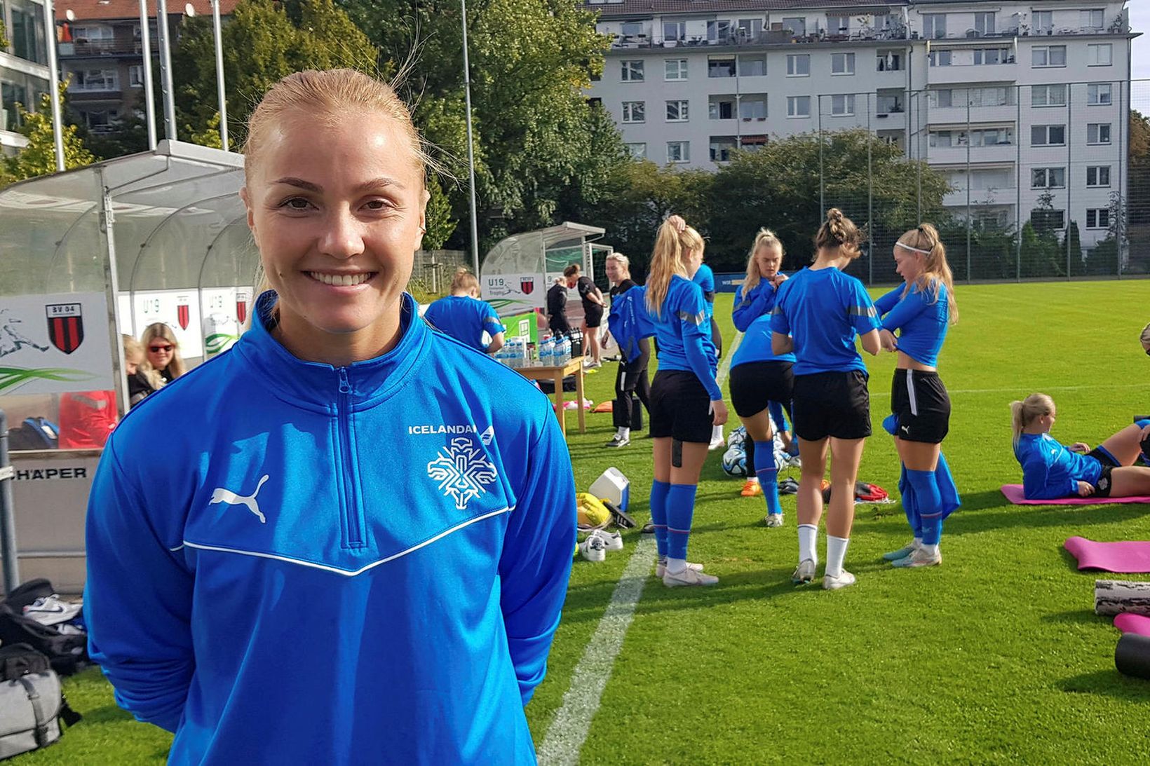 Glódís Perla Viggósdóttir fyrir æfinguna í Düsseldorf í morgun.