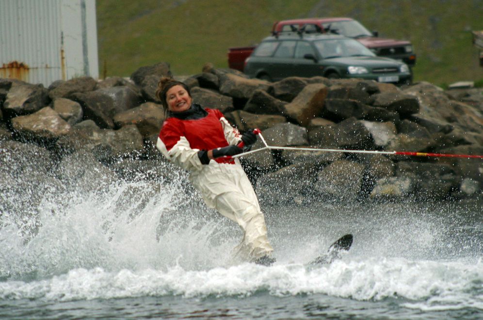 Dorrit Mousaieff trying her hand at water-skiing.