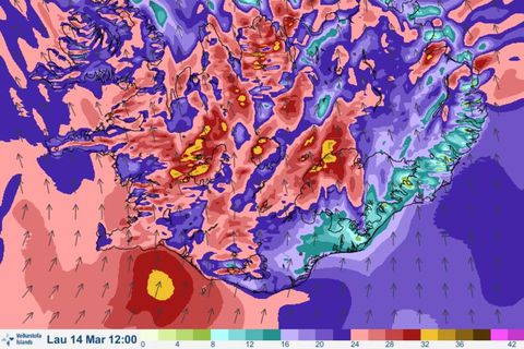 A wind map for Saturday at noon. The yellow patches signify winds of between 32-33 m/s.