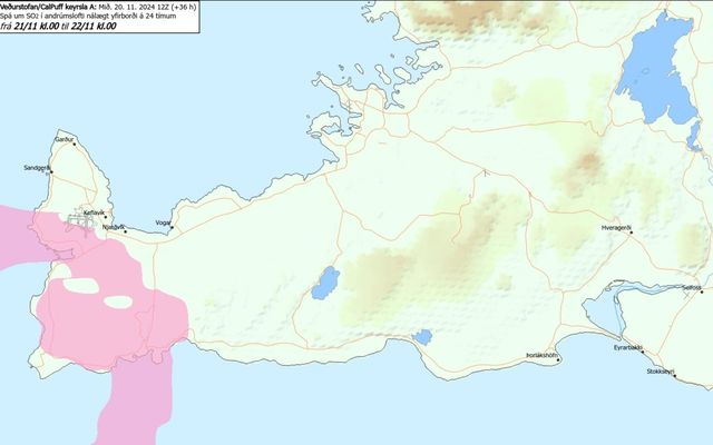 Myndin sýnir hvar megi búast við gasmengun í dag.
