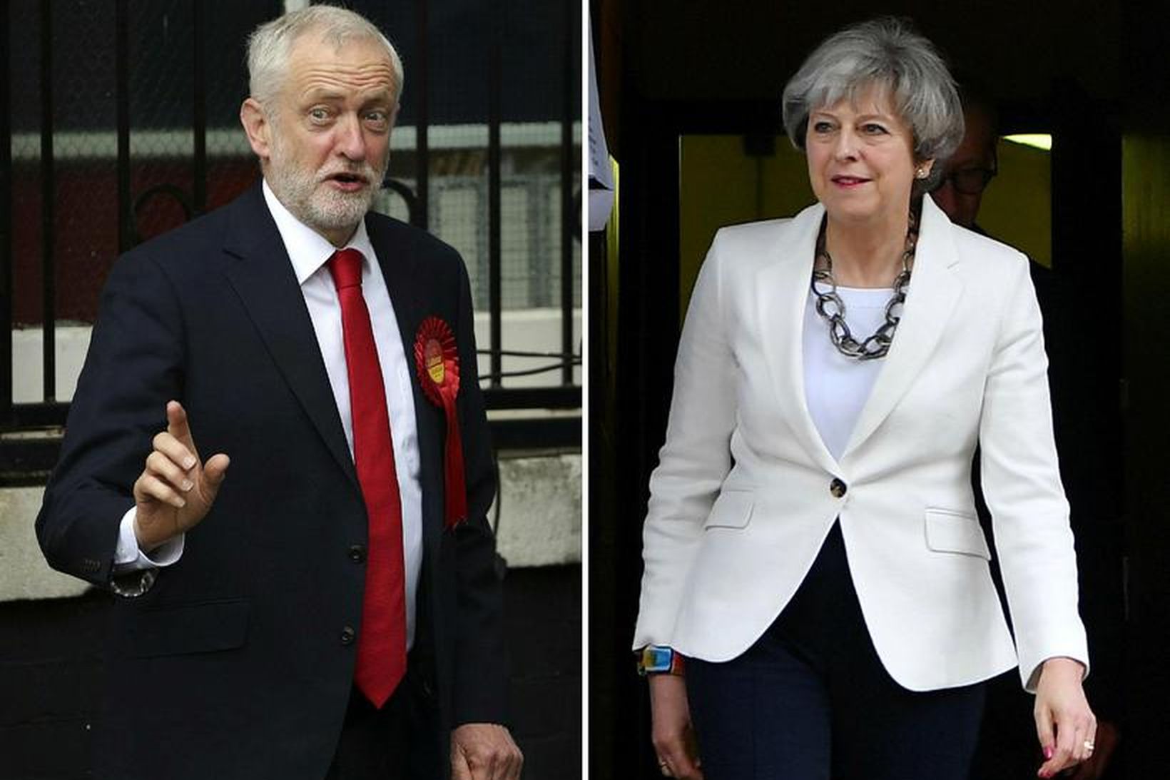 Jeremy Corbyn og Theresa May á kjörstöðum í dag.