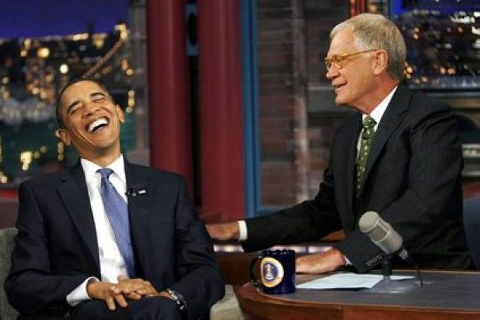 Barack Obama og David Letterman í New York í dag.