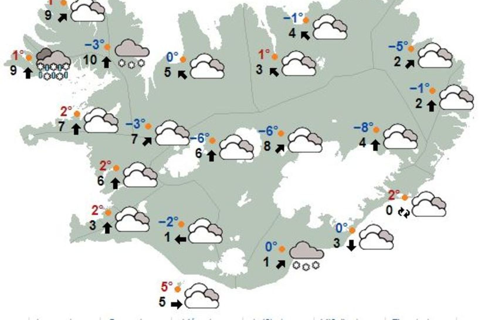 Svona er veðurspáin klukkan 5 í fyrramálið, sunnudag.