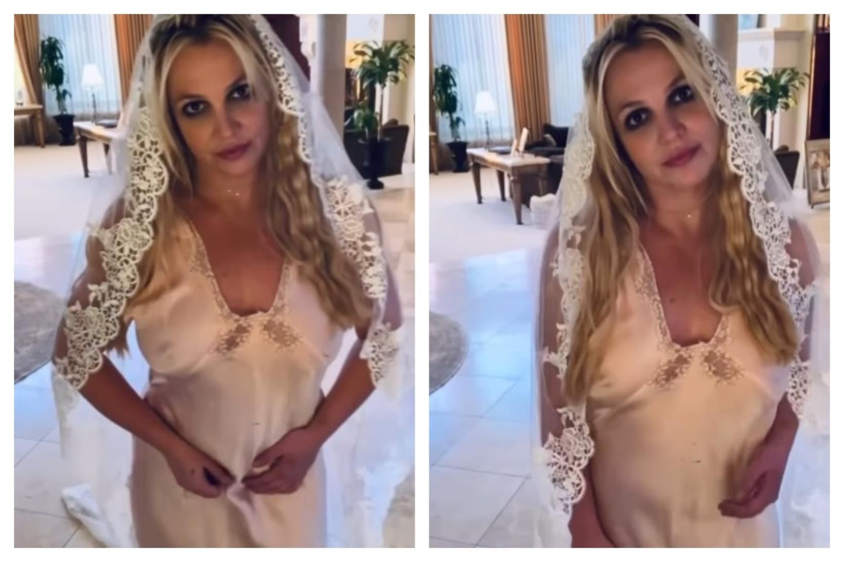 Britney Spears var klædd í hvítan satínkjól og með slör …