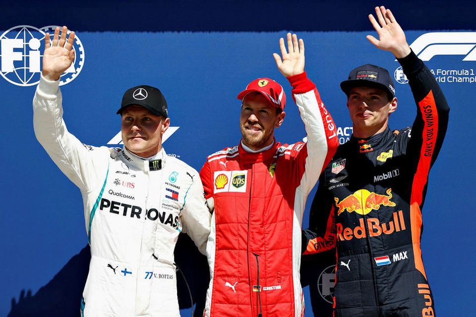 Þrír efstu í tímatökunni í Montreal, f.v.: Valtteri Bottas, Sebastian Vettel og Max Verstappen.