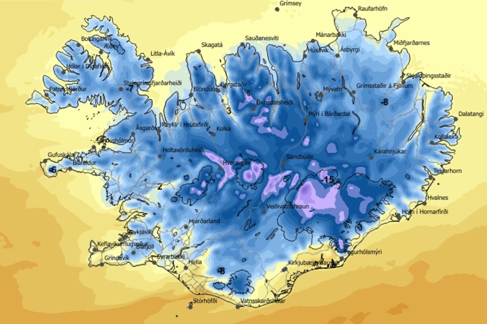 Hitaspá á landinu klukkan 12 á hádegi.