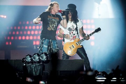Vocalist Axl Rose and guitarist Slash performing at the Guns N' Roses concert at Parken in Copenhagen at the end of June.