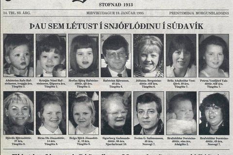 Á forsíðu Morgunblaðsins 18. janúar 1995 voru birt nöfn þeirra sem fórust í snjóflóðinu og …