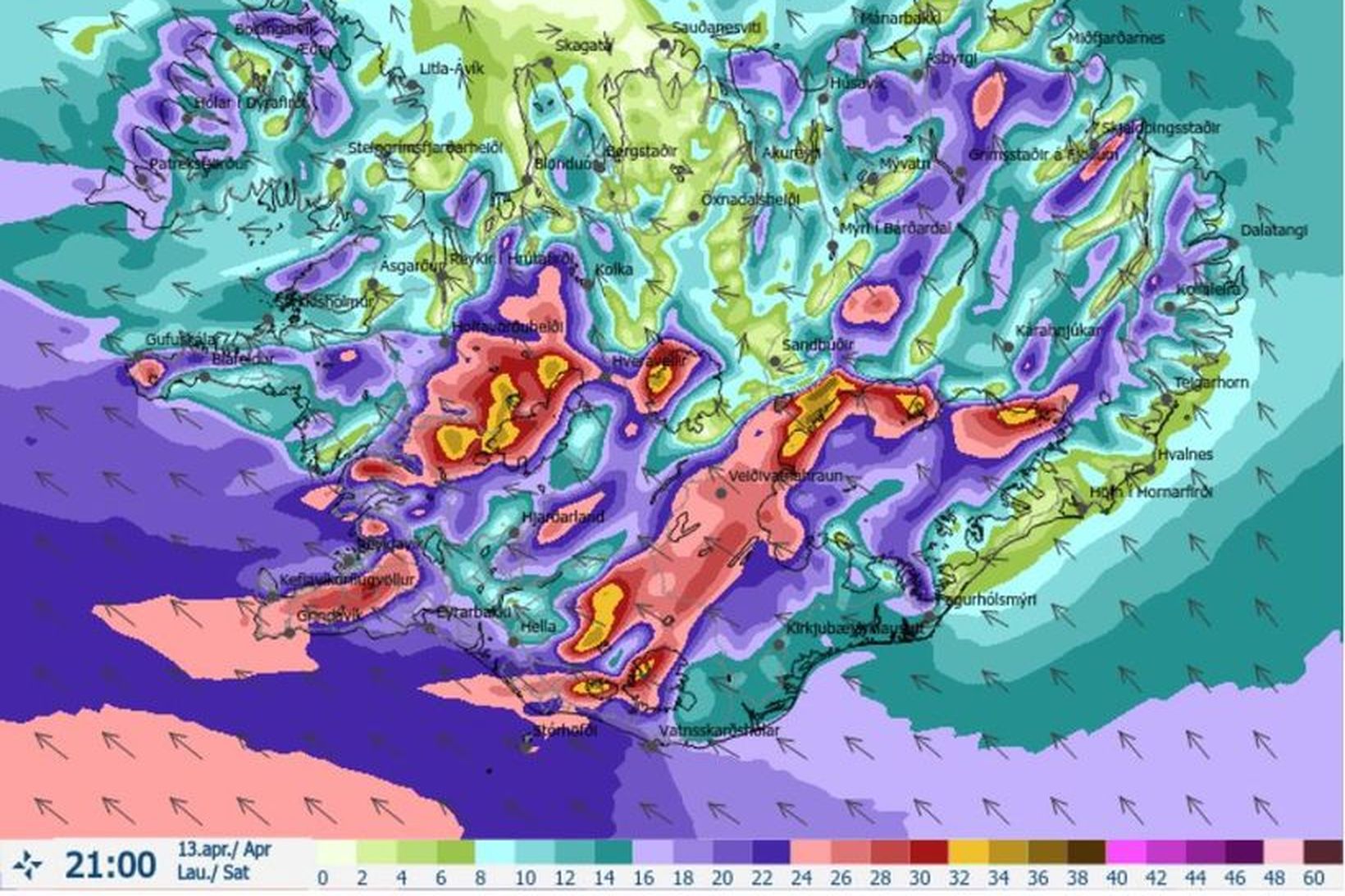 Veðurútlit annað kvöld. Þá getur meðalvindur náð allt að 25 …