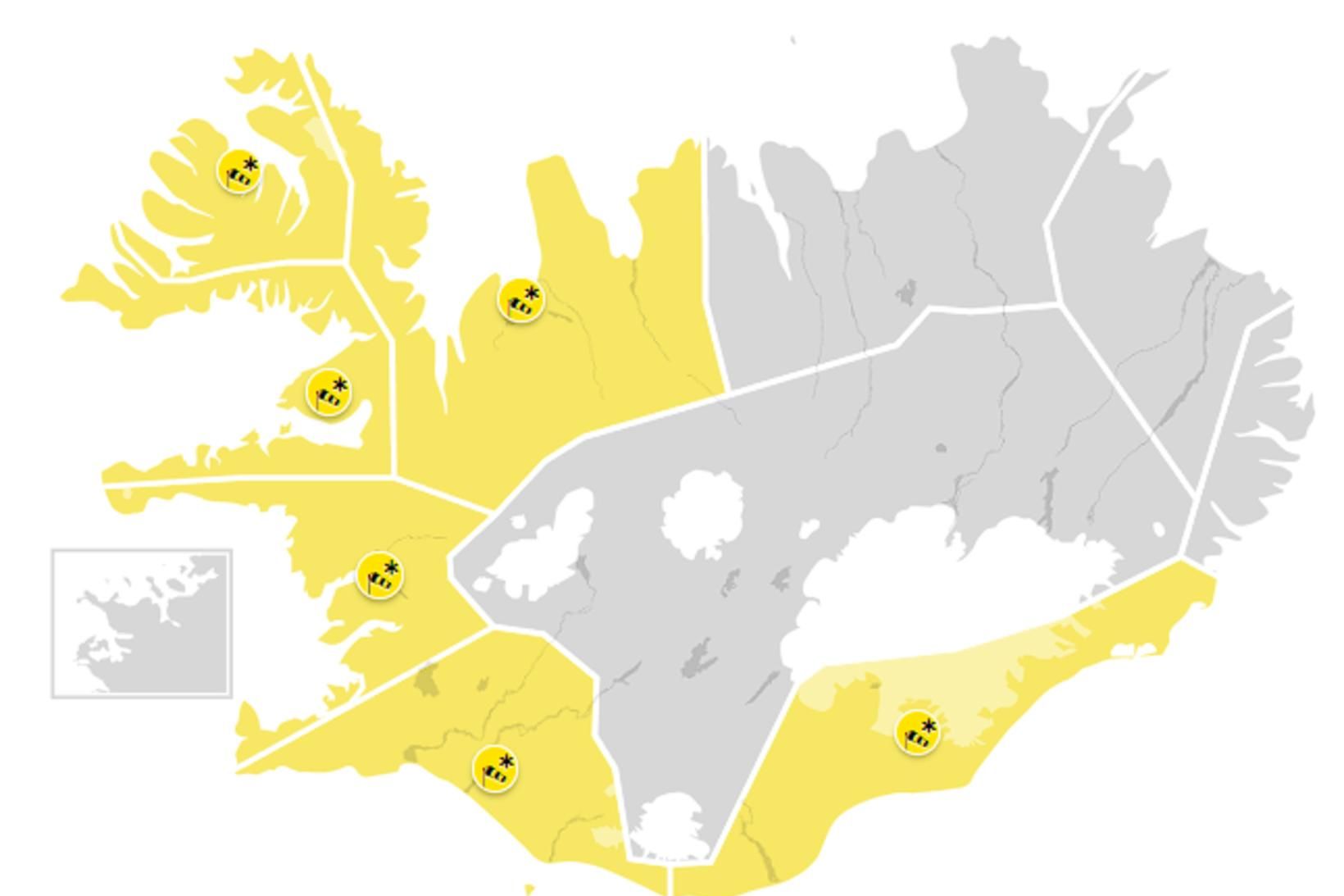 Gular viðaranir eru í gildi á stórum hluta landsins. Mynd …