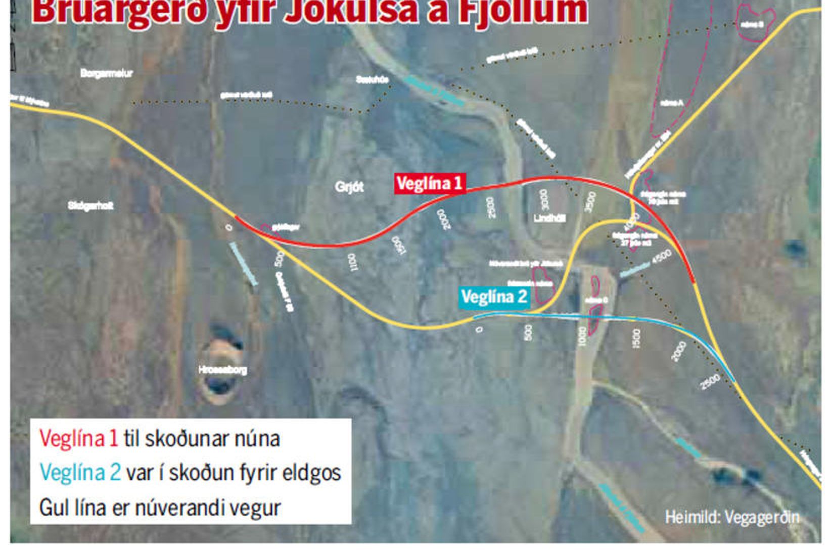 Ný veglína yfir Jökulsá á Fjöllum til skoðunar er norðan …