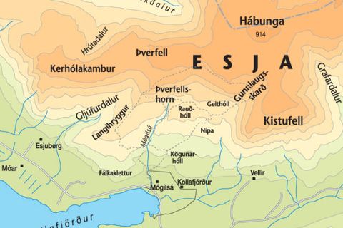 Kort af Esjunni. Maðurinn fannst í Gunnlaugsskarði.
