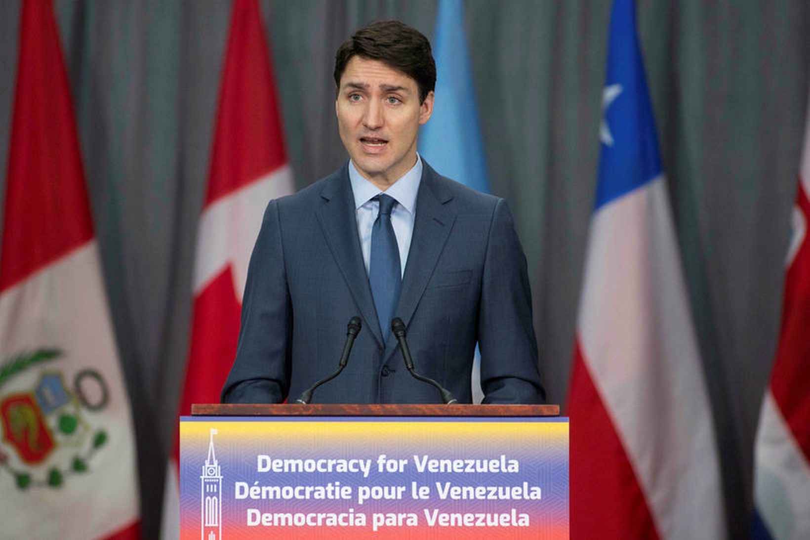 Justin Trudeau, forsætisráðherra Kanada, flytur opnunarræðu á tíunda fundi Lima-hópsins …