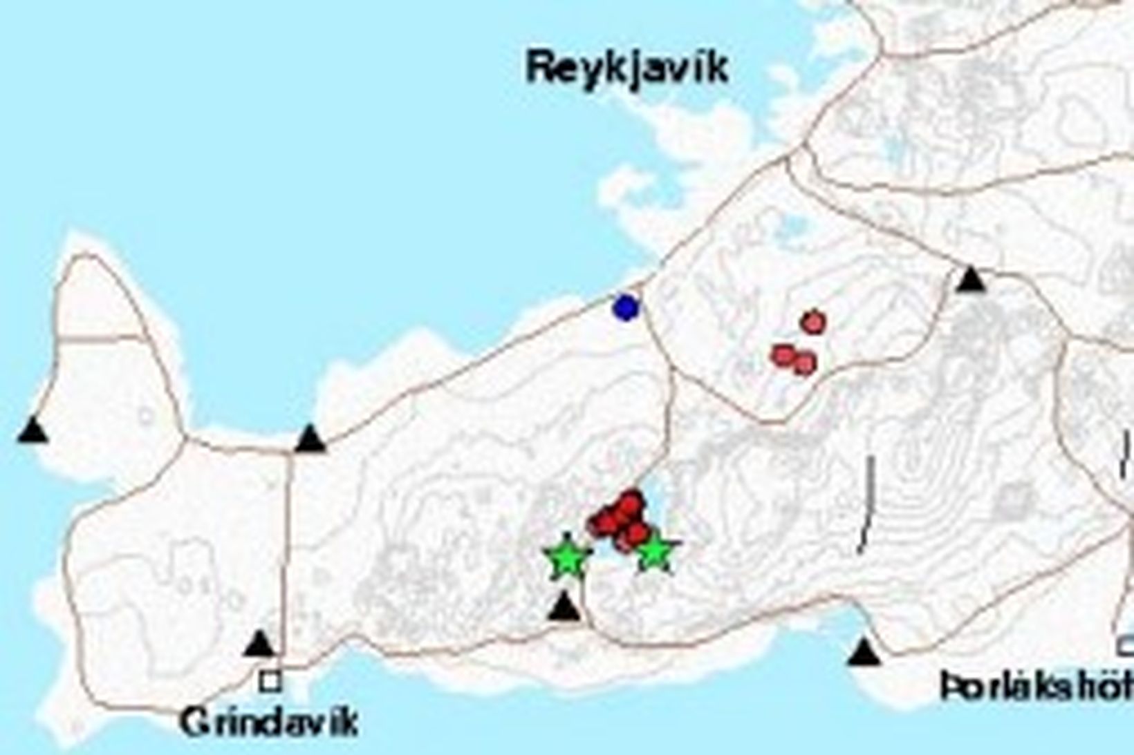 Rauðu deplarnir og stjörnurnar sýna hvar upptök skjálftanna í morgun …