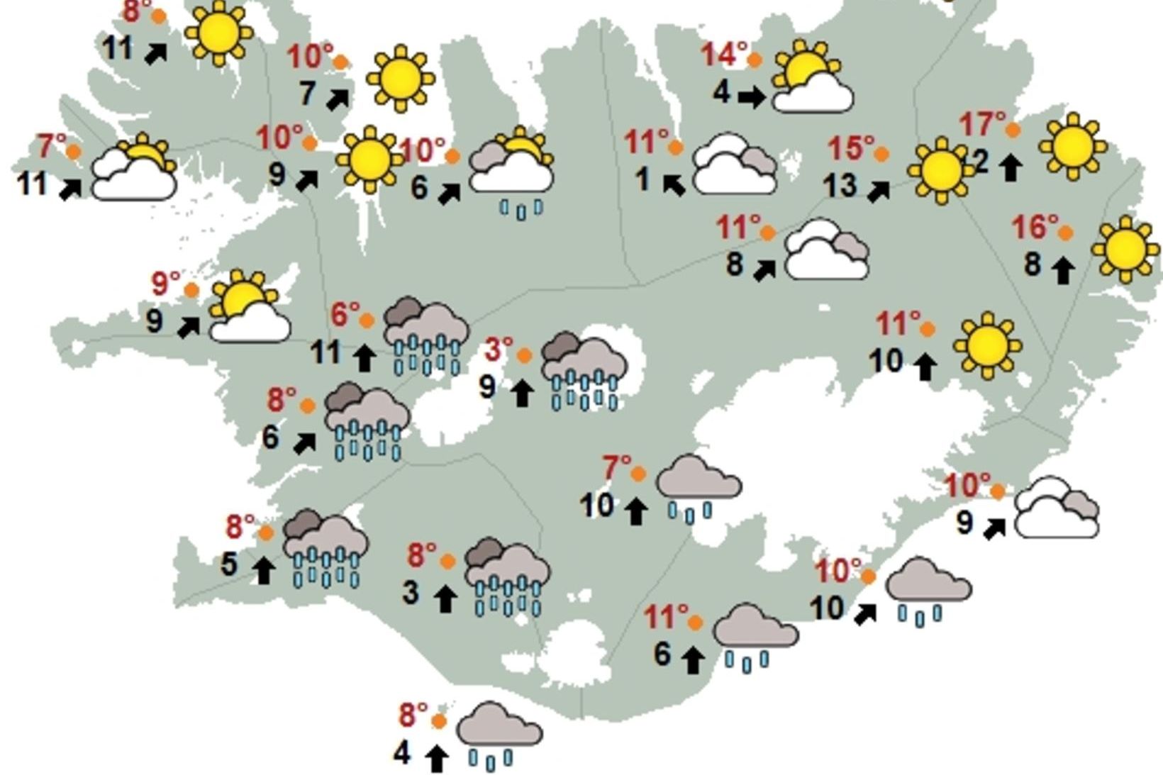 Kort Veðurstofu Íslands klukkan 14 í dag.