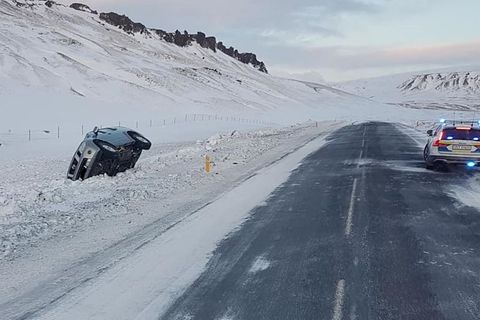 A regular occurrance in South Iceland, cars spinning off the road due to ice or snow.
